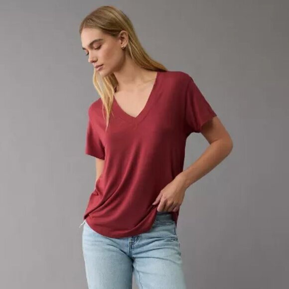NWT American Eagle Soft & Sexy Oversized Burgundy V-Neck Tee Shirt - Picture 8 of 8